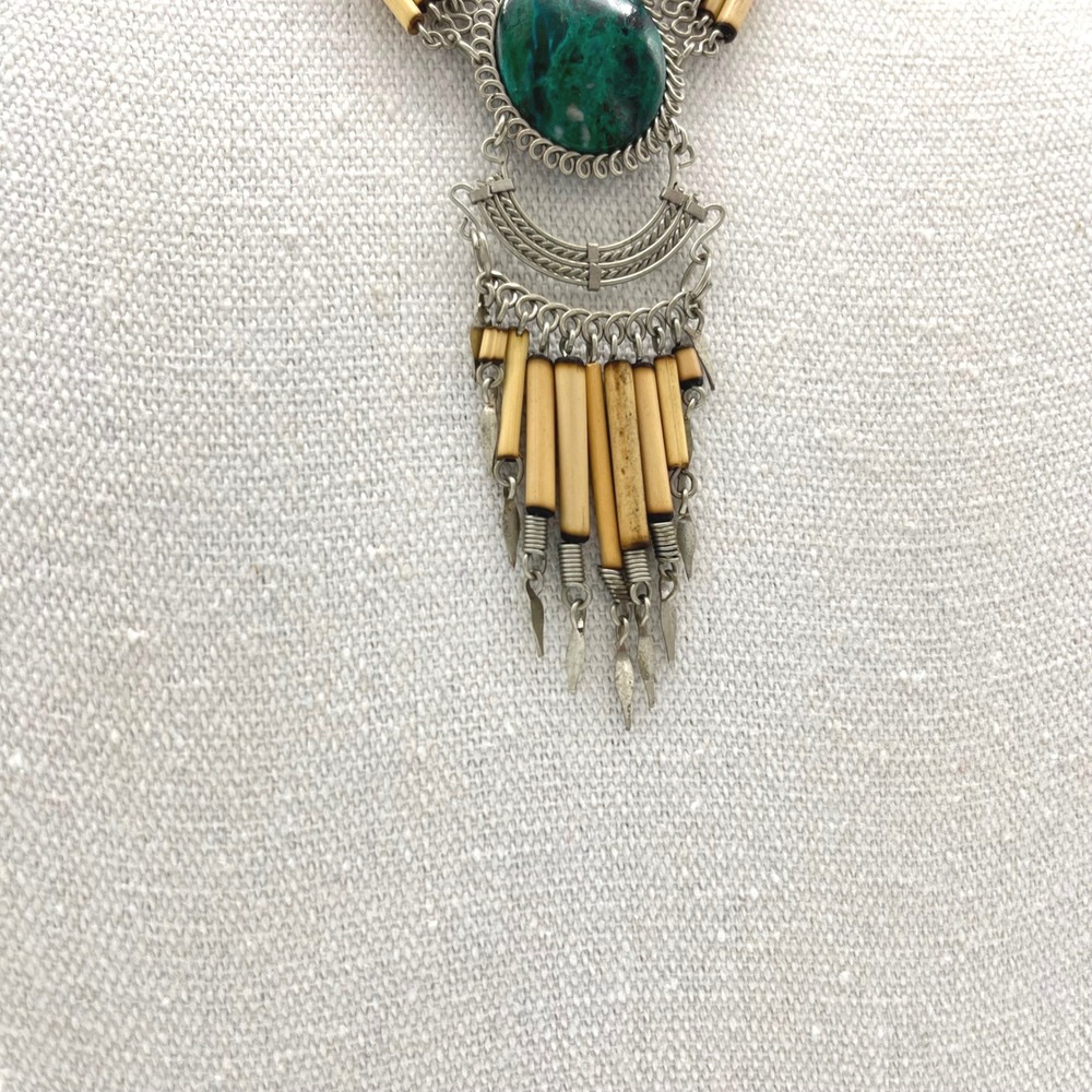 Vintage Statement Necklace Green Stone Silver Tone Bamboo Tribal‎ Boho Bohemian - Picture 7 of 8